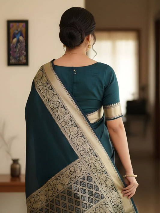 Forest Green Silk Saree with Golden Border