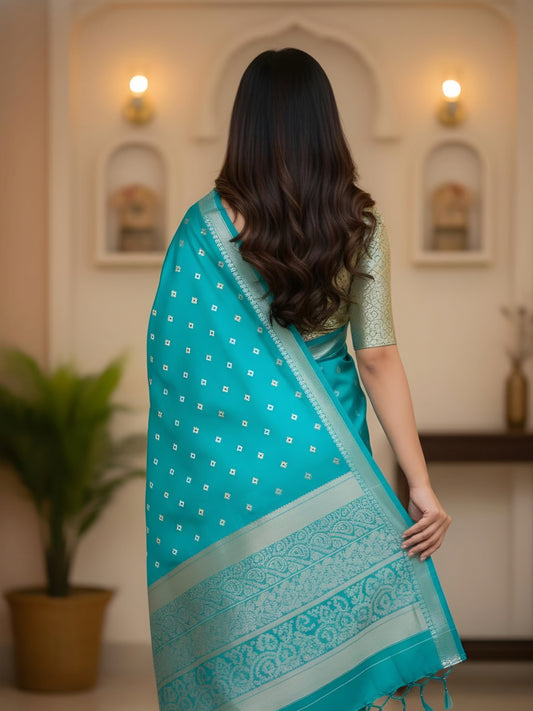 Turquoise Blue Silk Saree - Traditional Indian Wedding Saree with Embroidery