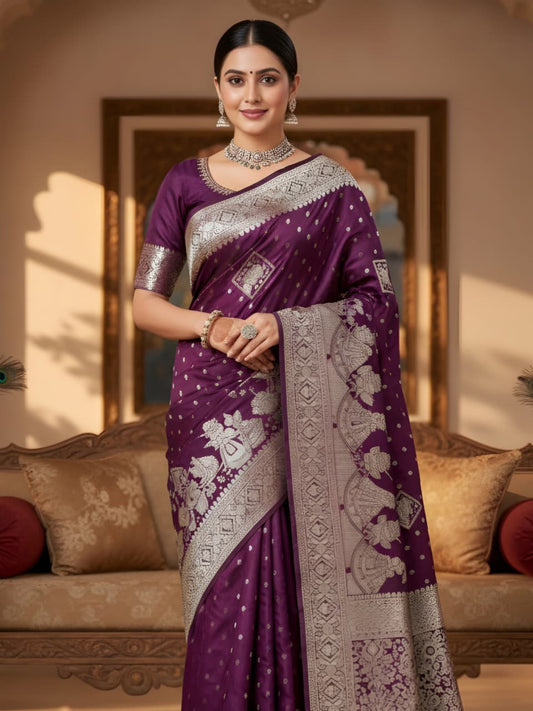 Purple Silk Saree with Silver Border