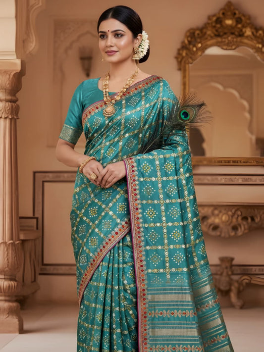 Teal Blue Silk Saree with Golden Border