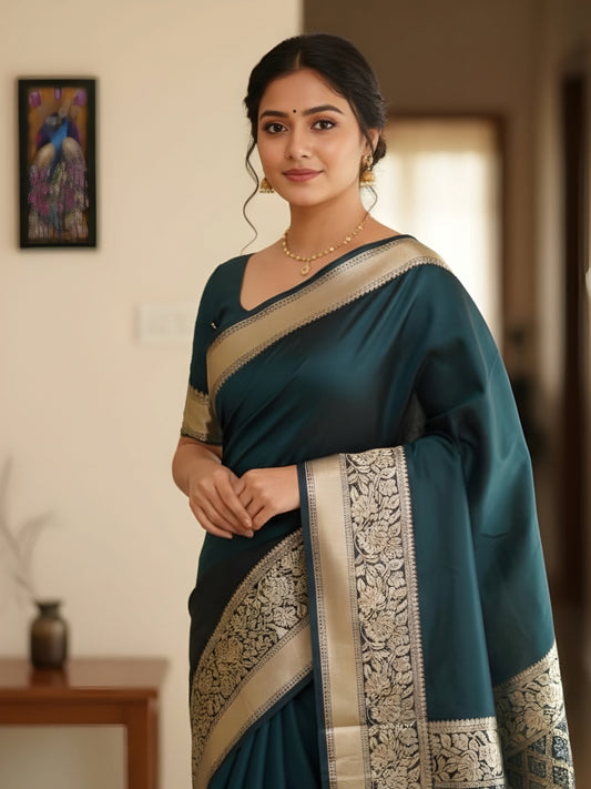 Forest Green Silk Saree with Golden Border