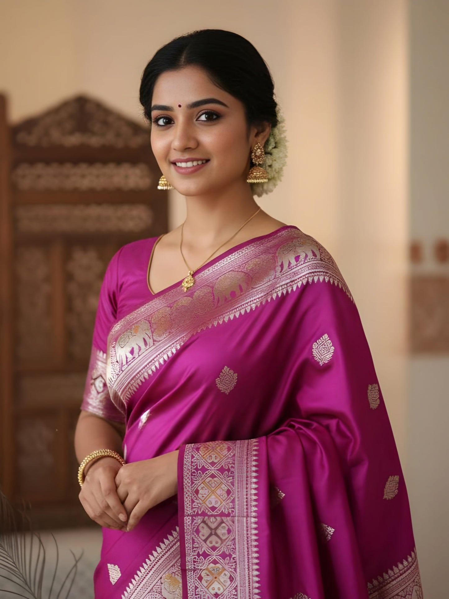 Pink Magenta Silk Saree with Silver Border - Traditional Wedding Saree