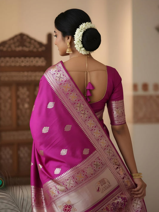 Pink Magenta Silk Saree with Silver Border - Traditional Wedding Saree