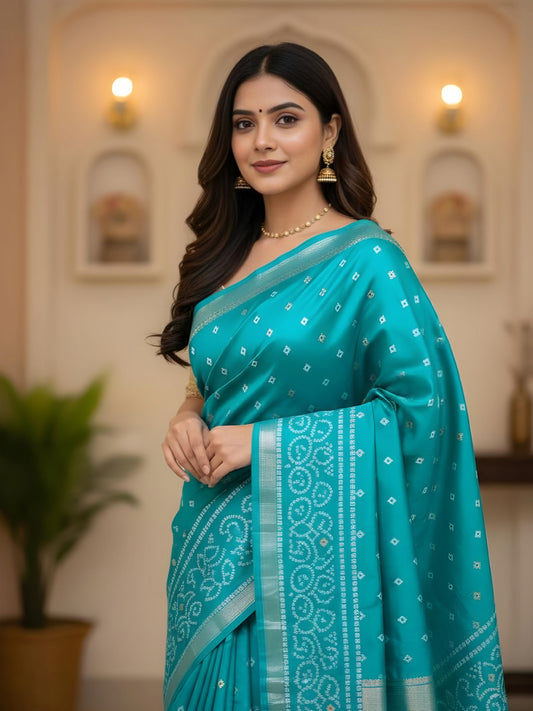 Turquoise Blue Silk Saree - Traditional Indian Wedding Saree with Embroidery