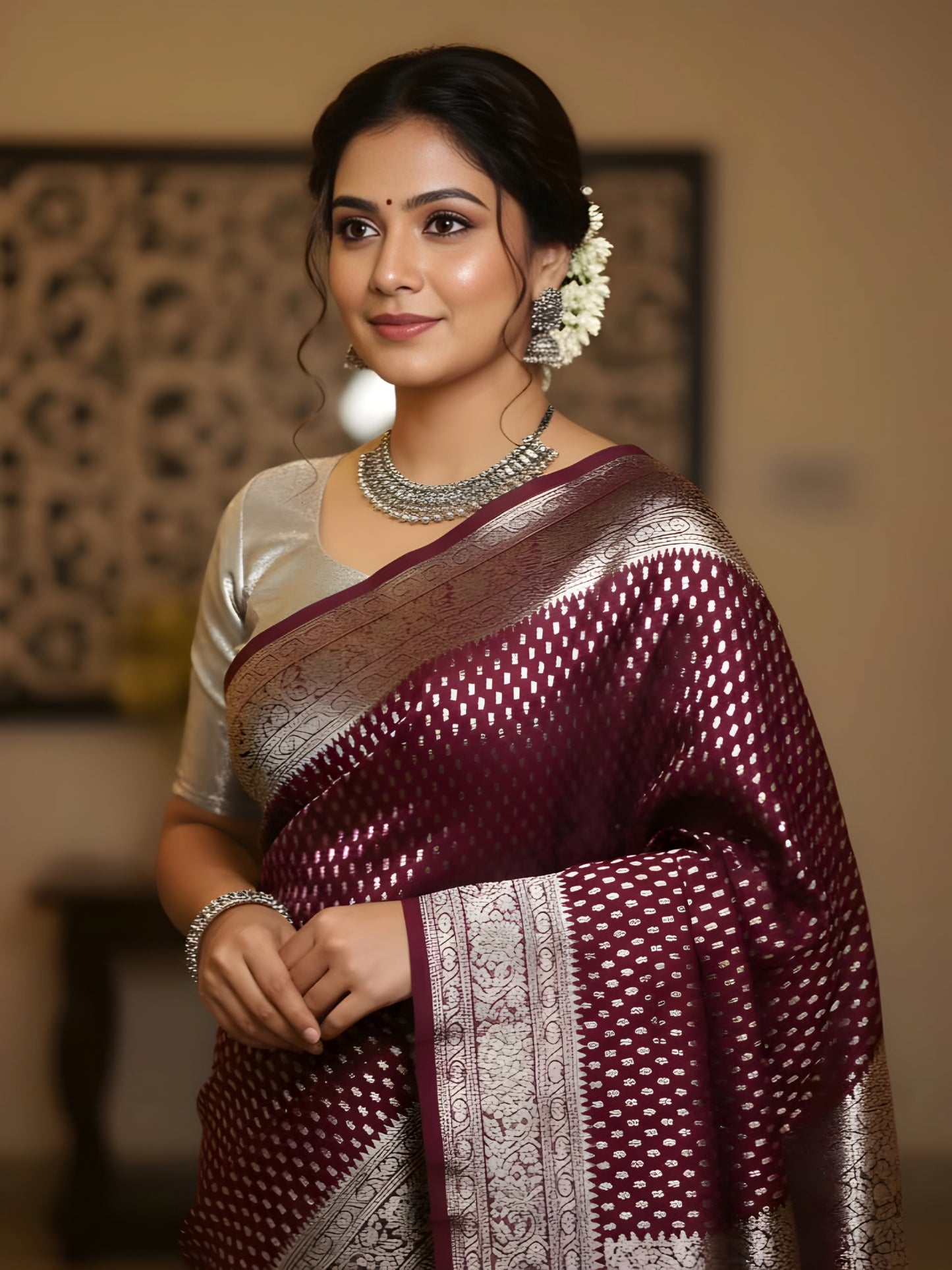 Maroon Silk Saree with Golden Border