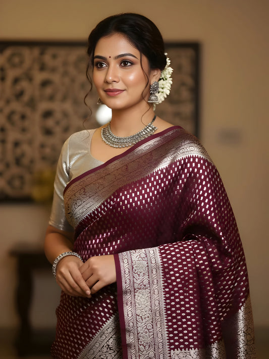 Maroon Silk Saree with Golden Border