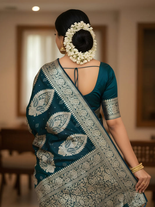 Emerald Green Silk Saree with Golden Motifs