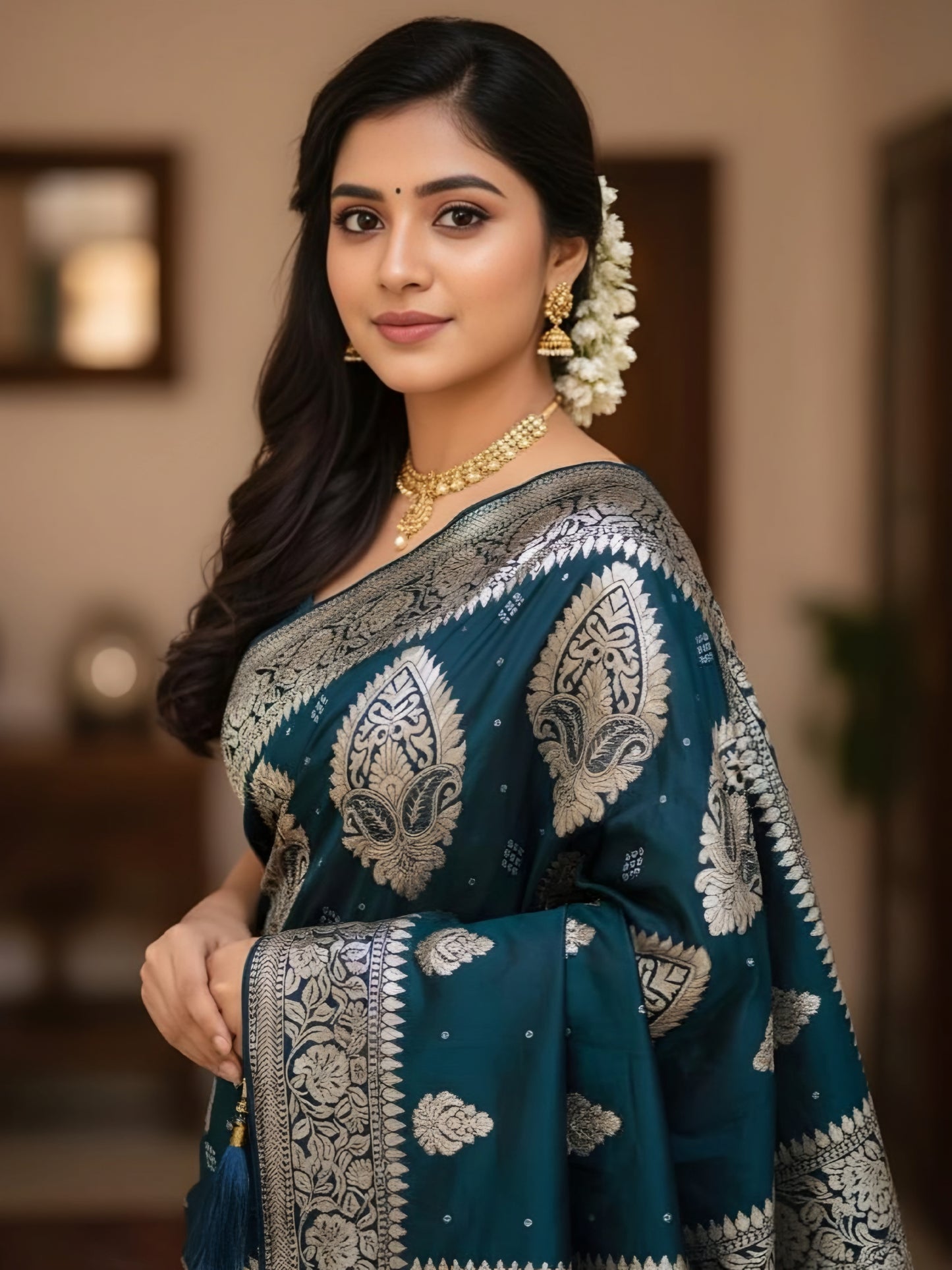 Emerald Green Silk Saree with Golden Motifs