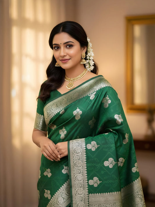 Elegant Green Saree with Silver Pattern - Traditional Silk Wedding Saree